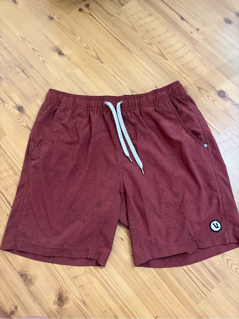 Vuori Men's Maroon Athletic Drawstring Shorts with White Cord